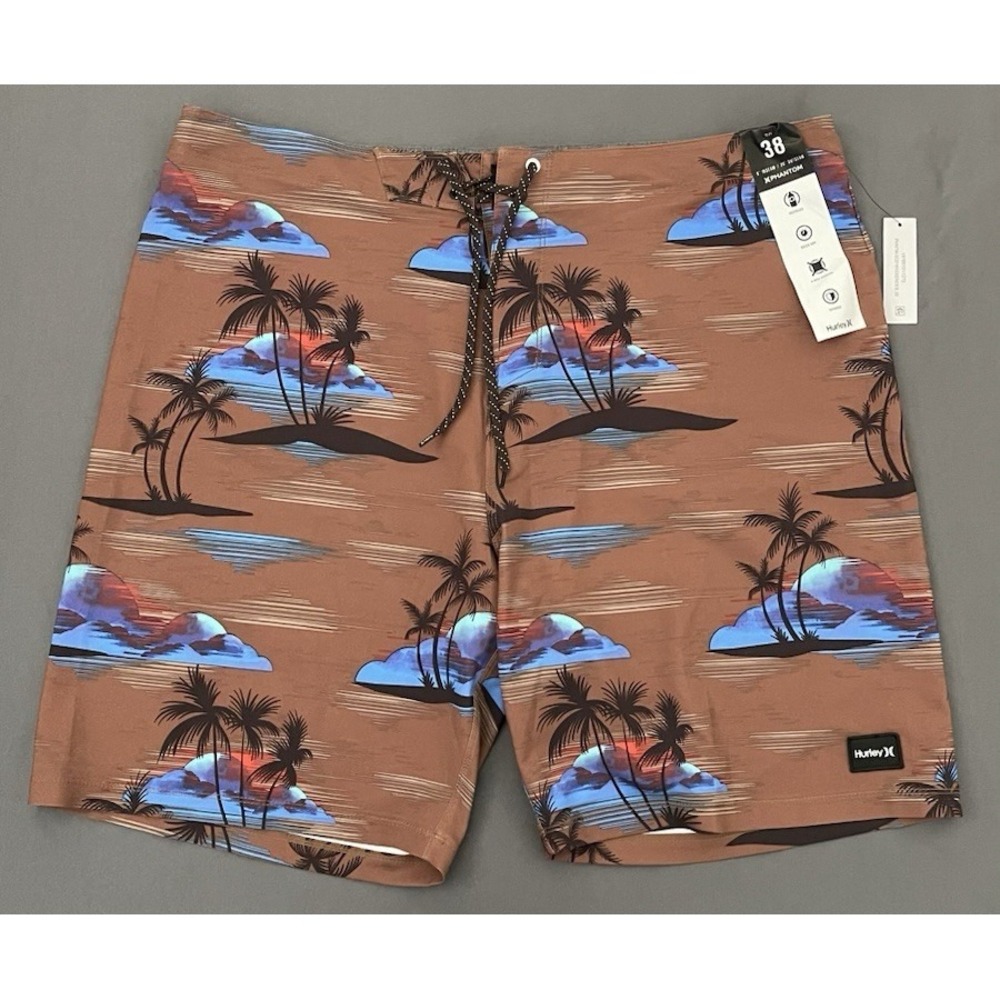 Hurley Phantom Board Shorts Quick Dry Brown Tropical Print‎ Mens Size 38 NWT
